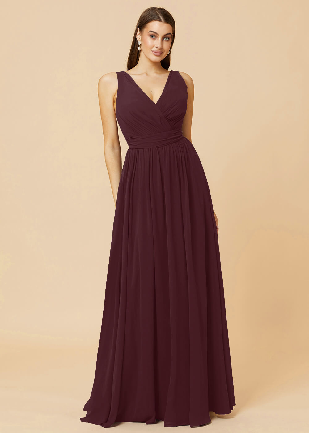 V-neck Pleated Tie Back Chiffon Bridesmaid Dress