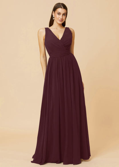 V-neck Pleated Tie Back Chiffon Bridesmaid Dress