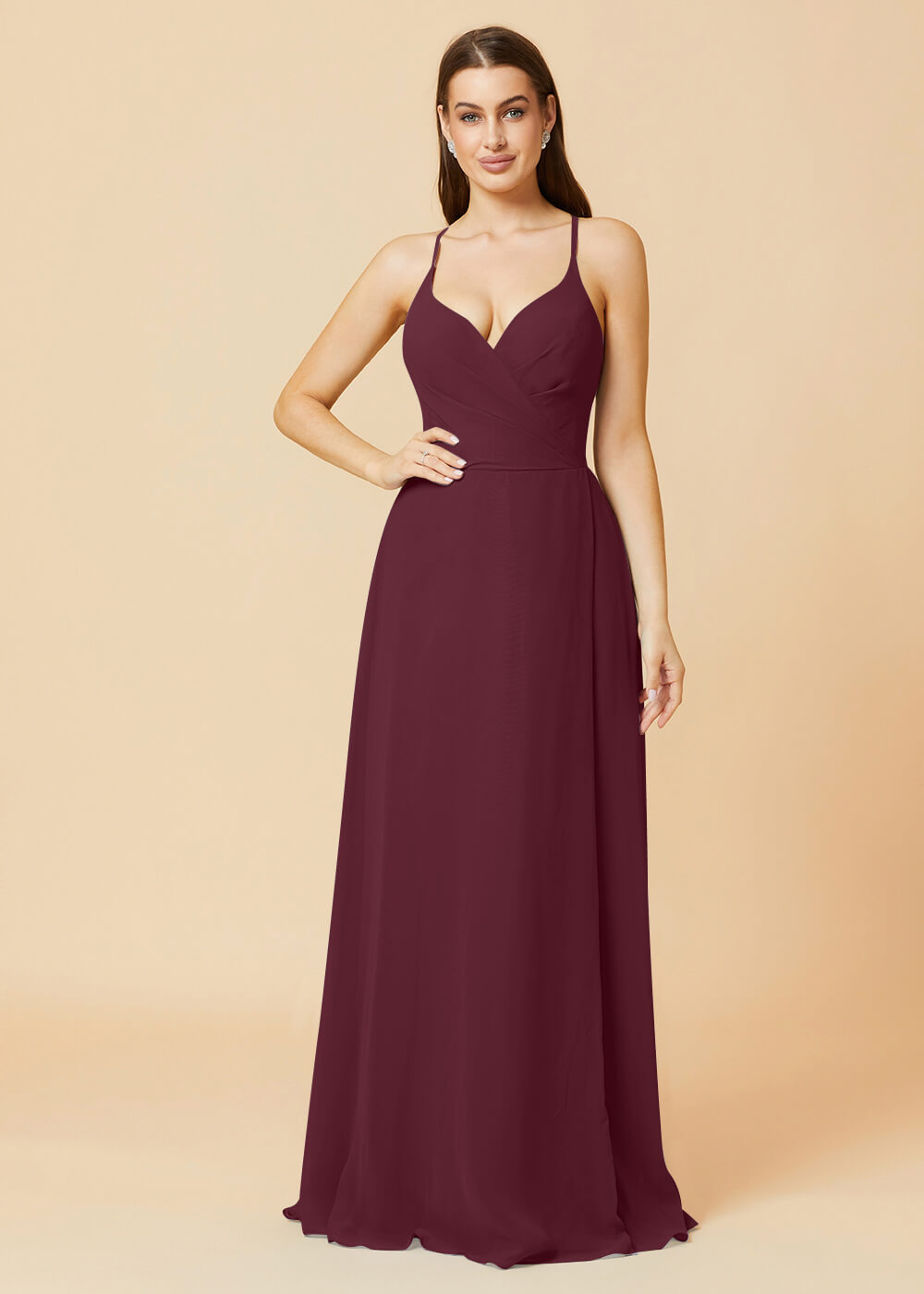 V-neck Spaghetti Strap Button Back Chiffon Bridesmaid Dress
