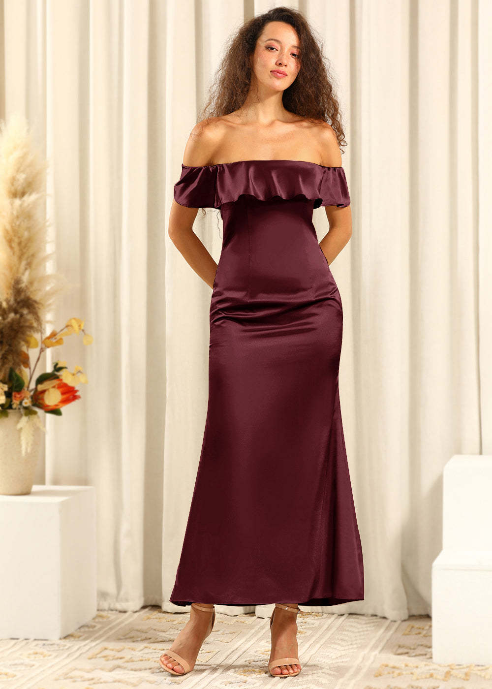 Off The Shoulder Ankle Length Satin Sheath Bridesmaid Dress