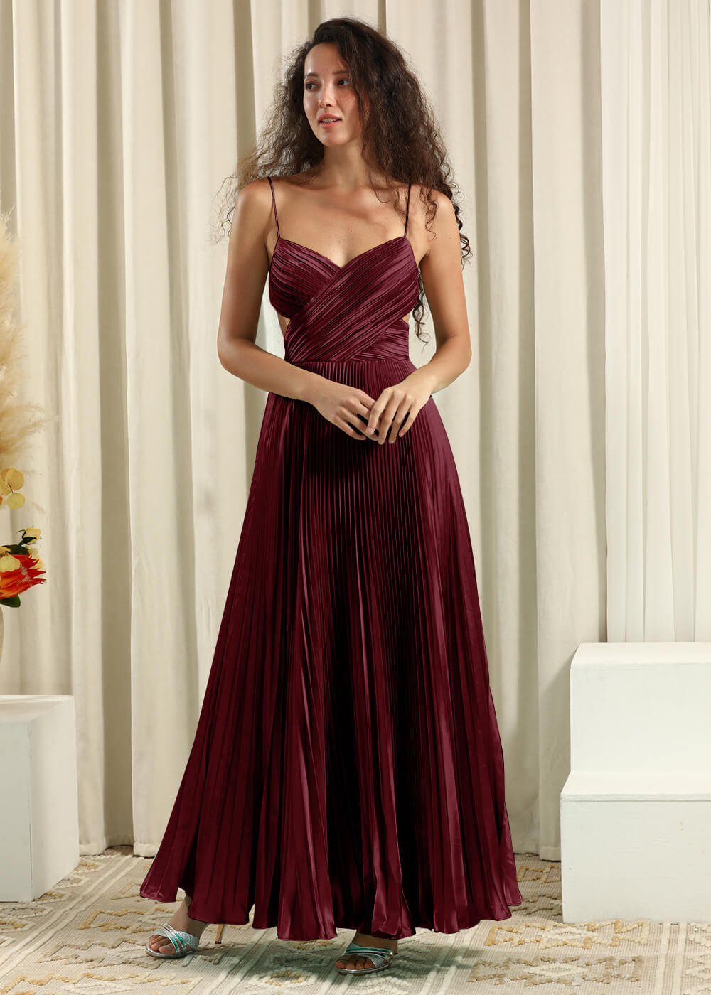Pleated Satin V-neck Spaghetti Strap A-line Bridesmaid Dress