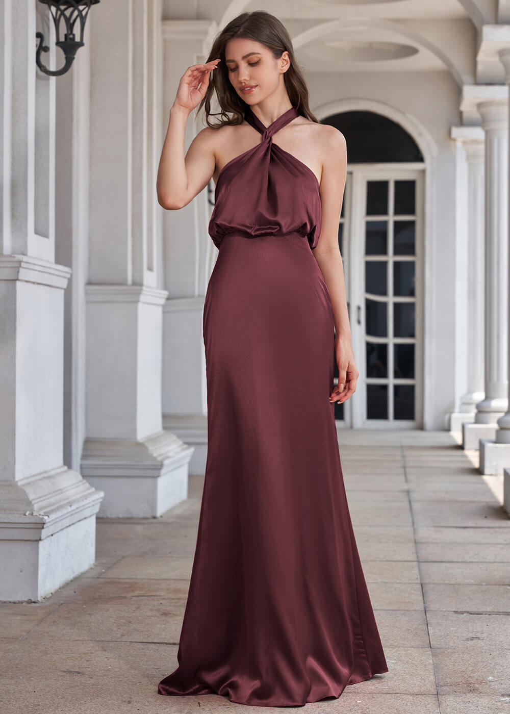 Halter Neck Sheath Satin Floor Length Bridesmaid Dress