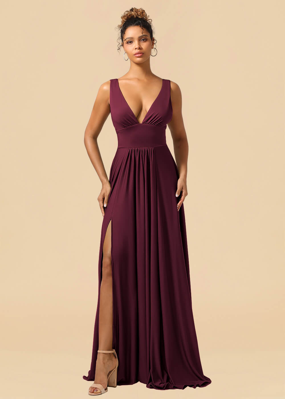 Deep V-neck Spandex A-line Maxi Bridesmaid Dress with Slit