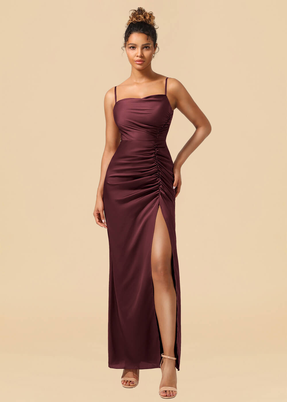 Sheath Satin Pleated Adjustable Spaghatti Strap Maxi Bridesmaid Dress