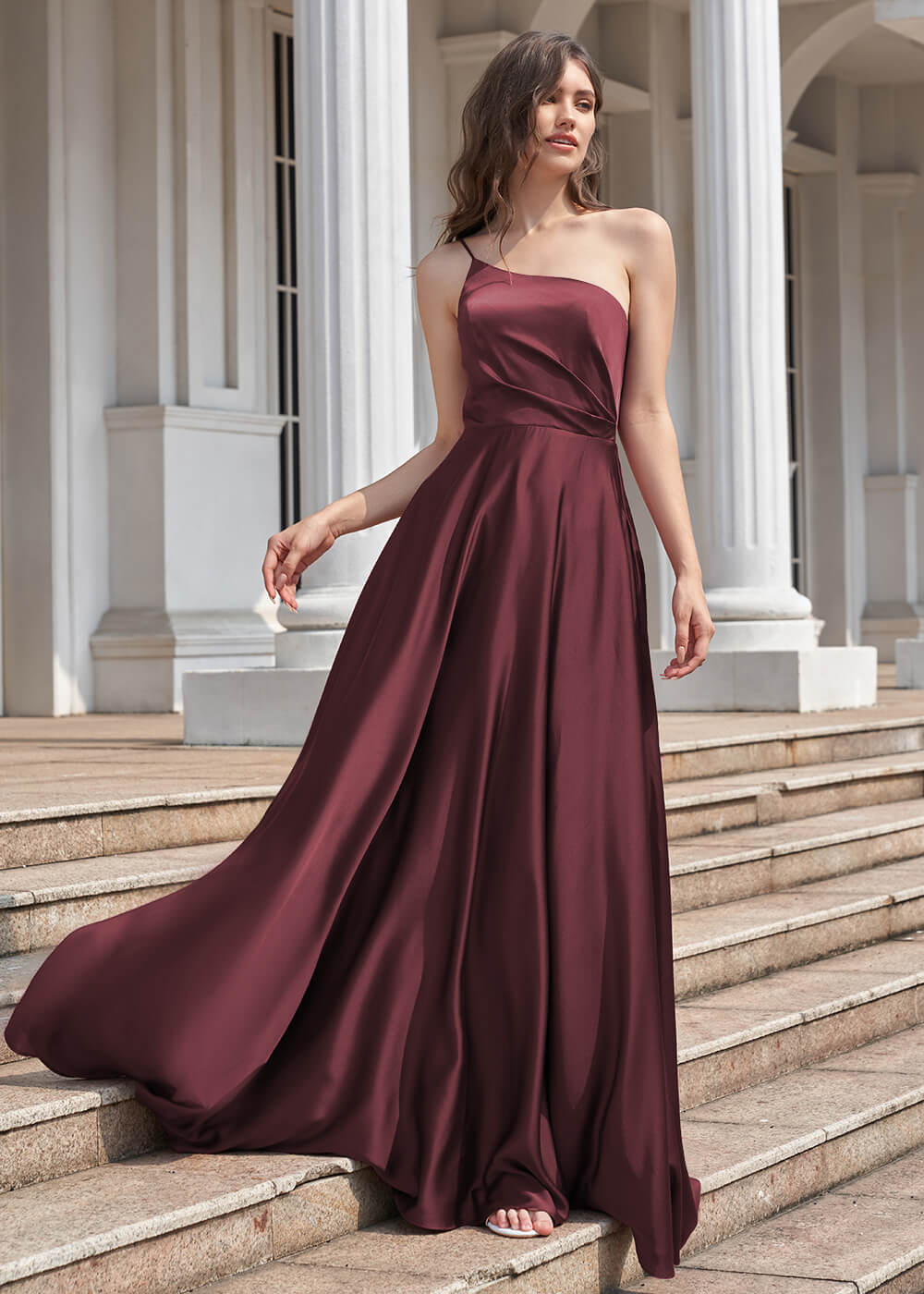 A-line Long One Shoulder Pleated Satin Bridesmaid Dress