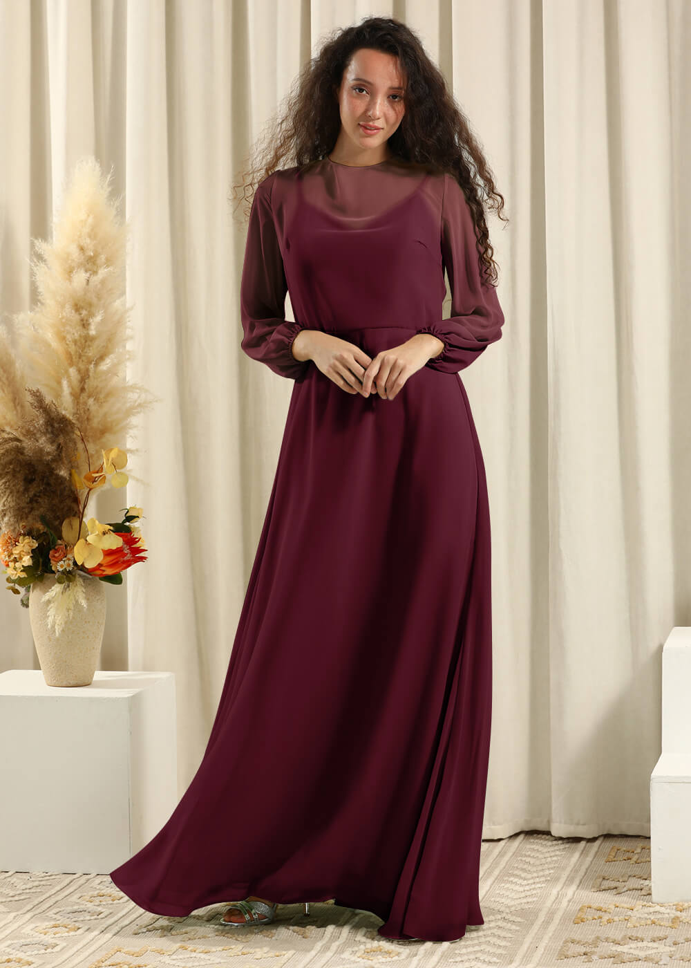 Long Sleeve A-line Chiffon Keyhole Back Bridesmaid Dress