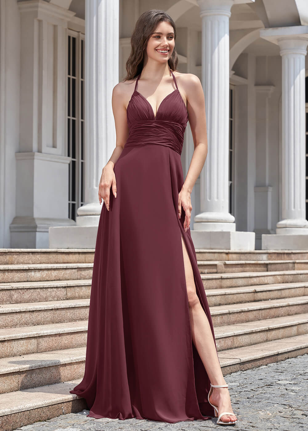 Deep V Halter Neck Pleated A-line Chiffon Long Bridesmaid Dress