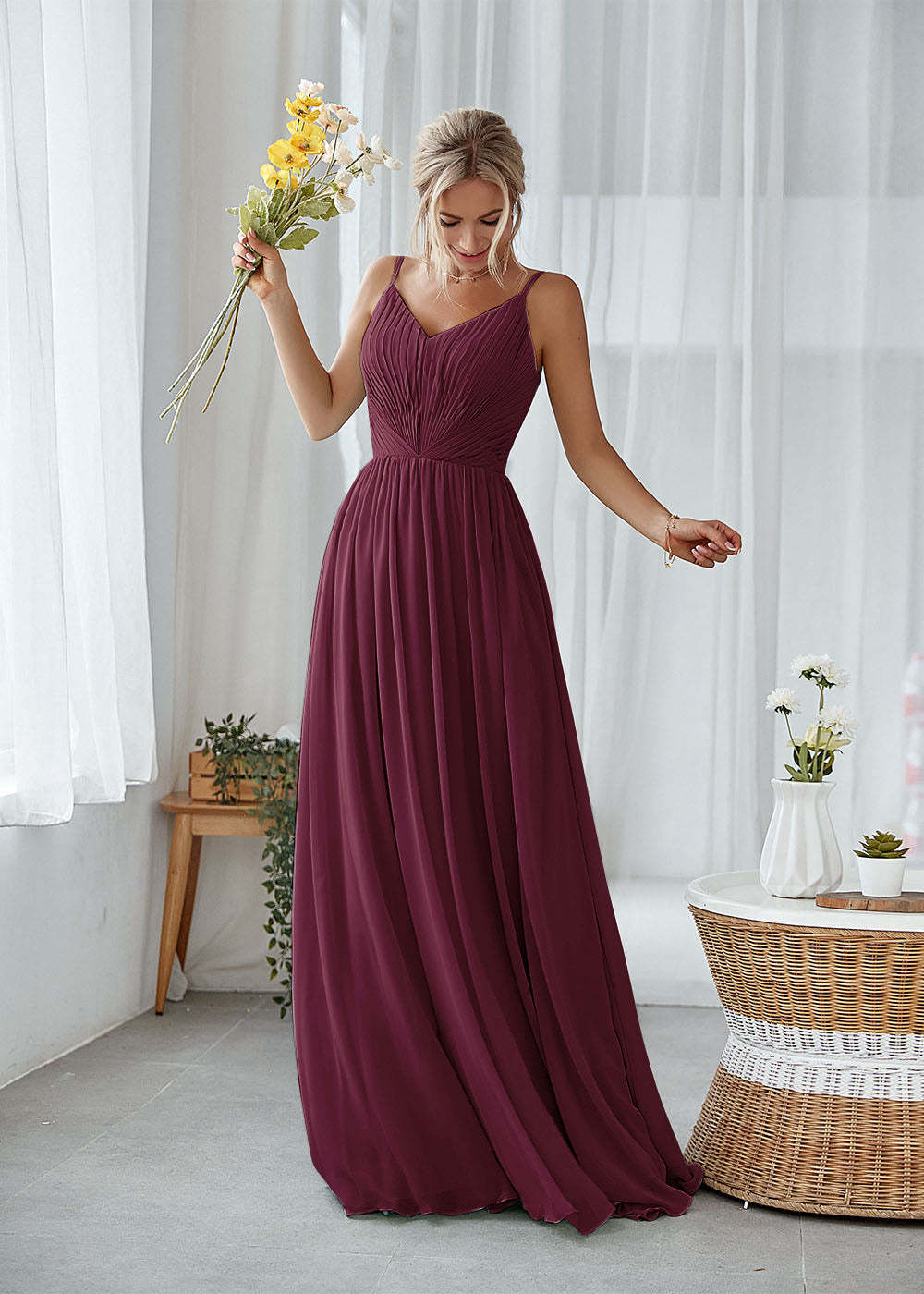 A-line V-neck Pleated Bridesmaid Dress