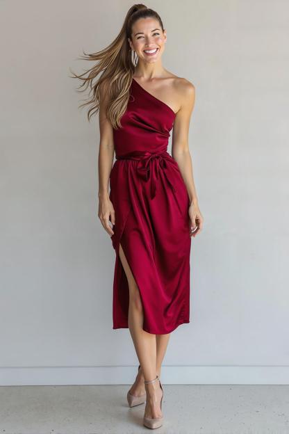 Dark Green Satin Sheath One Shoulder Midi Bridesmaid Dress with Slit