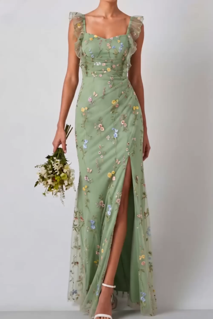 Floral Green Ruched Ruffled Long Wedding Guest Dress with Slit