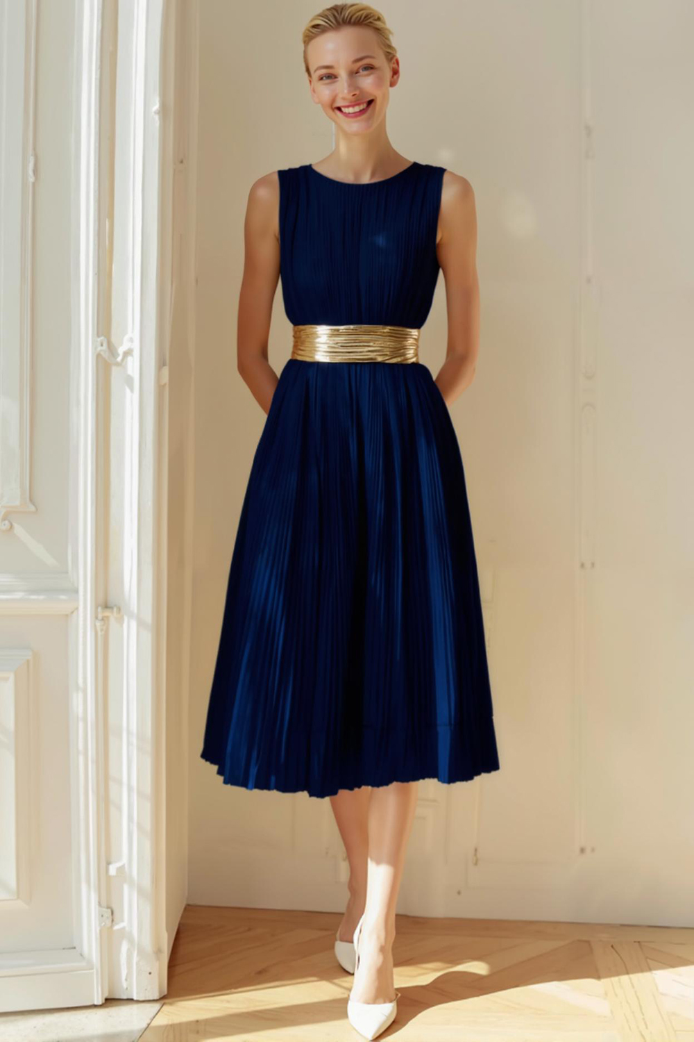 Leely Women Ivory Midi Bridesmaid Dress Pleated A Line Boat Neck Wedding Guest Dress