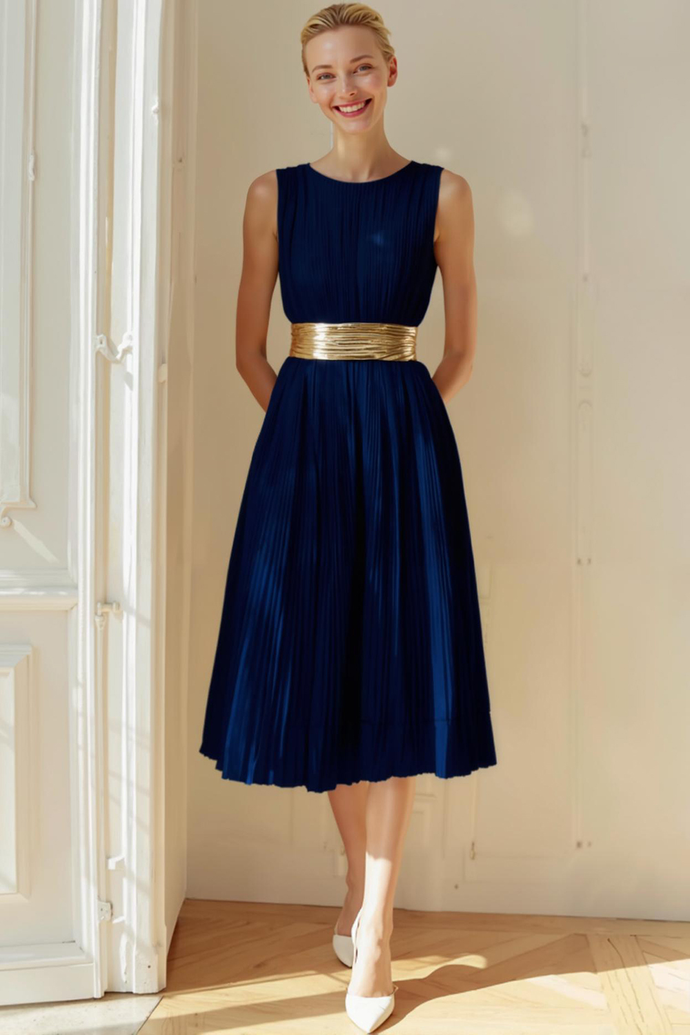 Leely Women Ivory Midi Bridesmaid Dress Pleated A Line Boat Neck Wedding Guest Dress