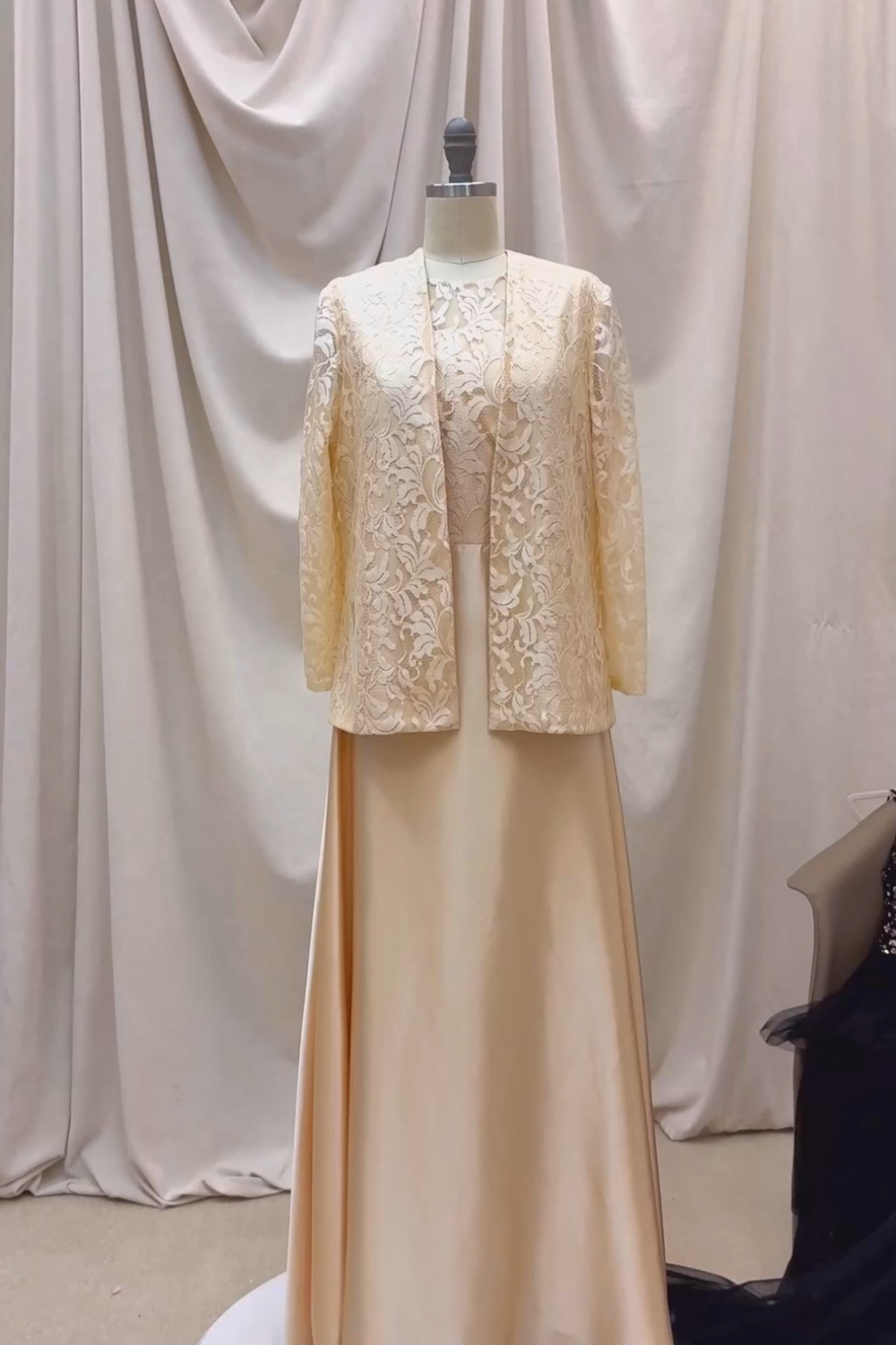 Maxi Champagne A-Line Satin Mother of the Bride Dress with Jacket