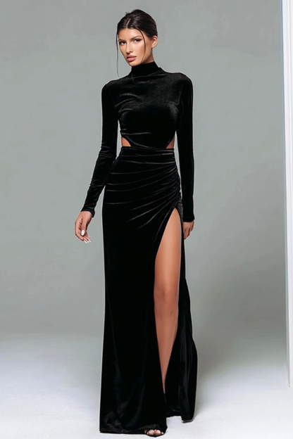 Black Velvet Sheath High Neck Cut Out Maxi Holiday Party Dress with Slit