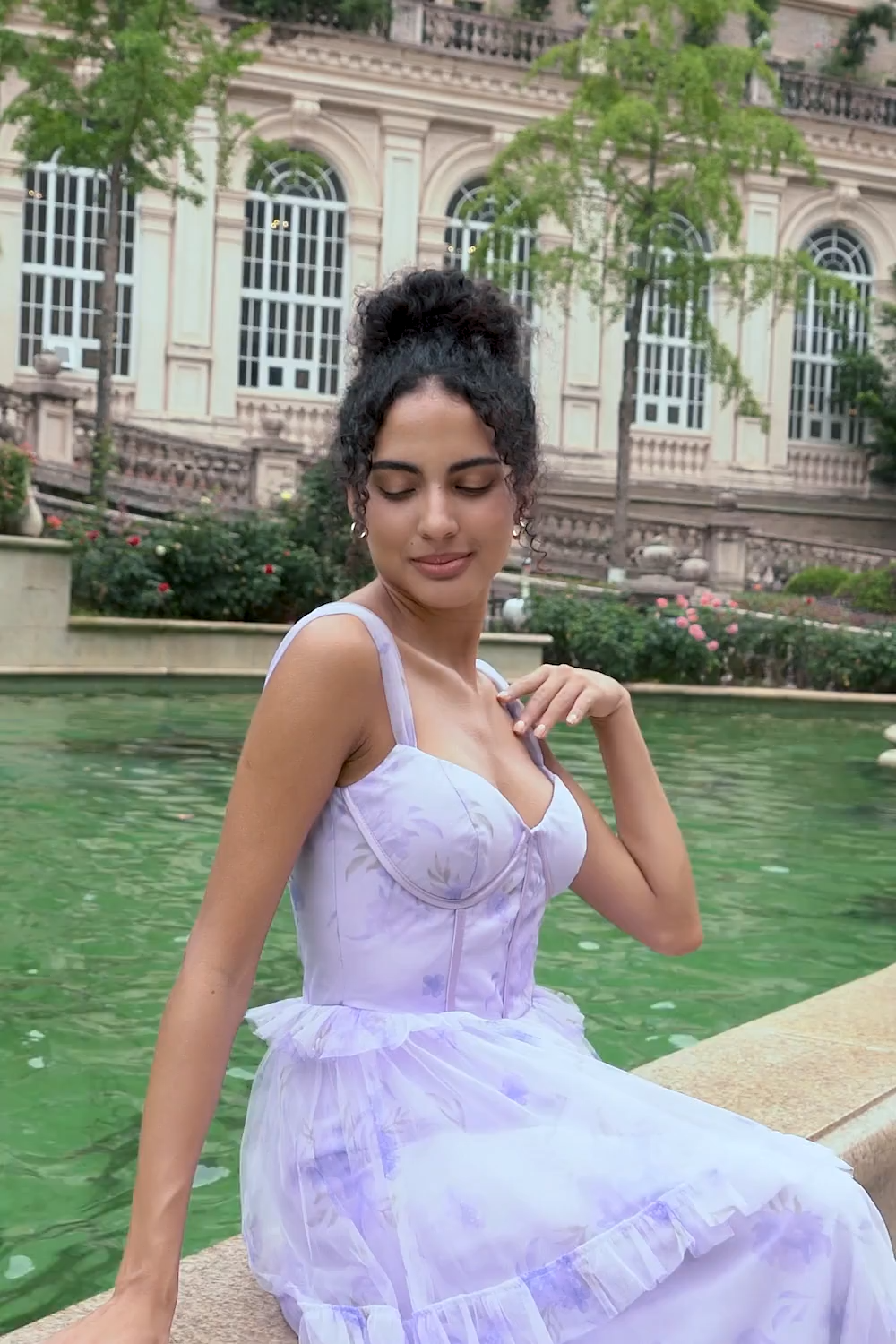 Lavender A Line Corset Spaghetti Straps Floral Tiered Long Bridesmaid Dress