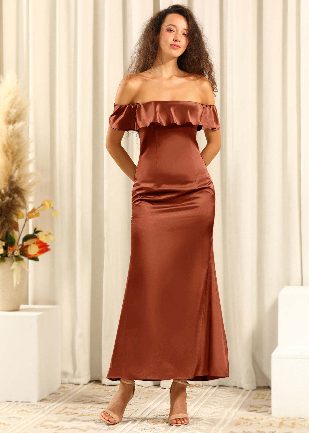 Off The Shoulder Ankle Length Satin Sheath Bridesmaid Dress
