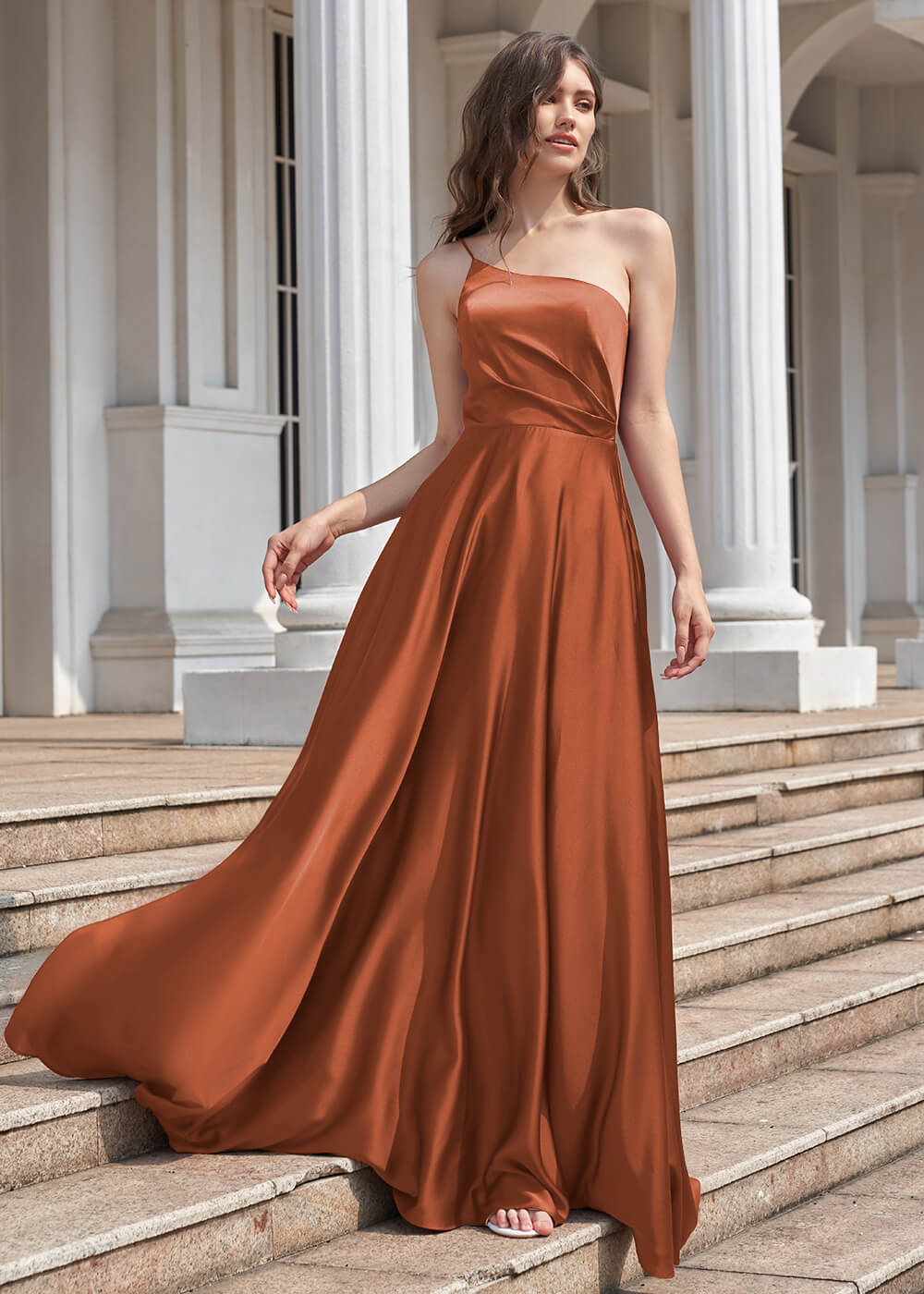 A-line Long One Shoulder Pleated Satin Bridesmaid Dress