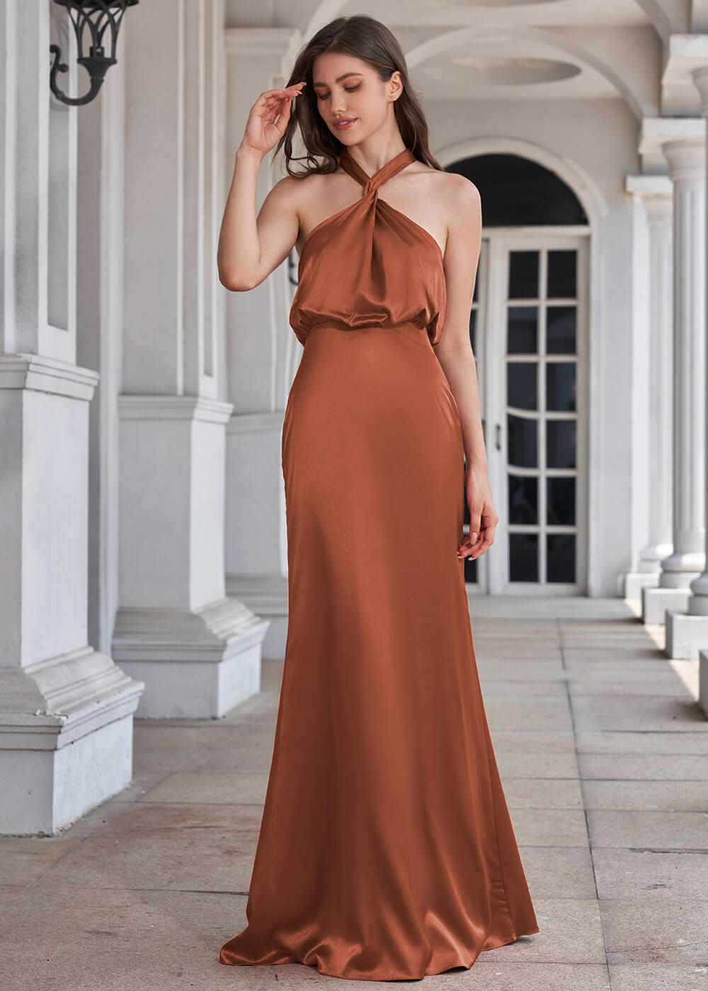 Halter Neck Sheath Satin Floor Length Bridesmaid Dress