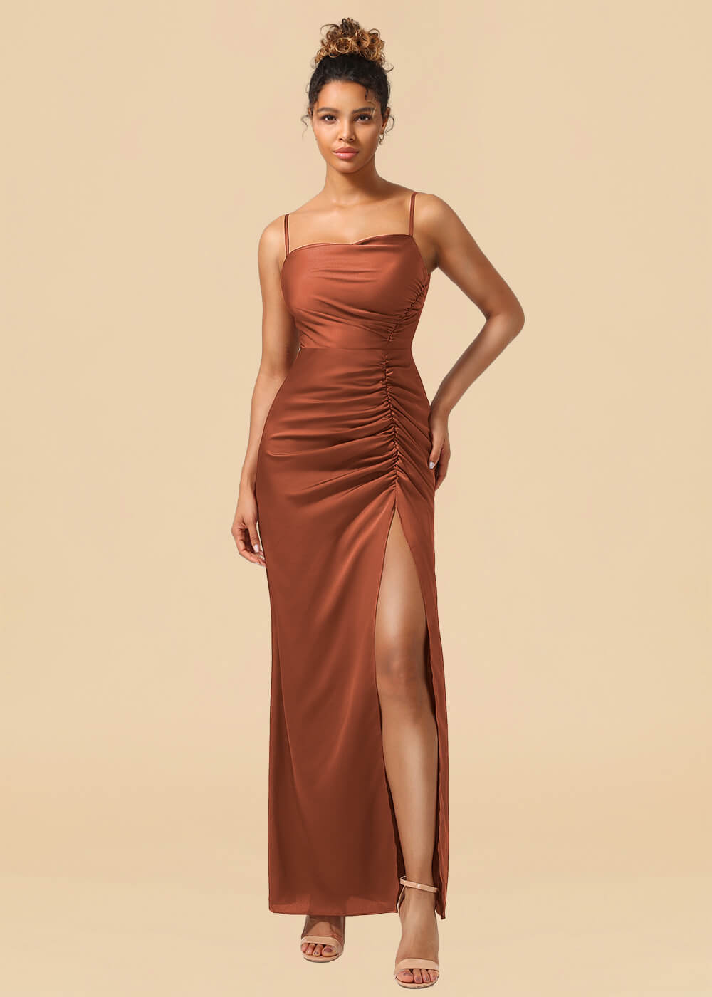 Sheath Satin Pleated Adjustable Spaghatti Strap Maxi Bridesmaid Dress