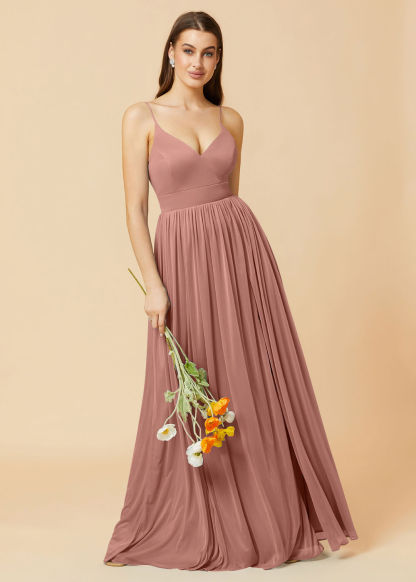 V-neck Spaghetti Strap Open Back Chiffon Bridesmaid Dress