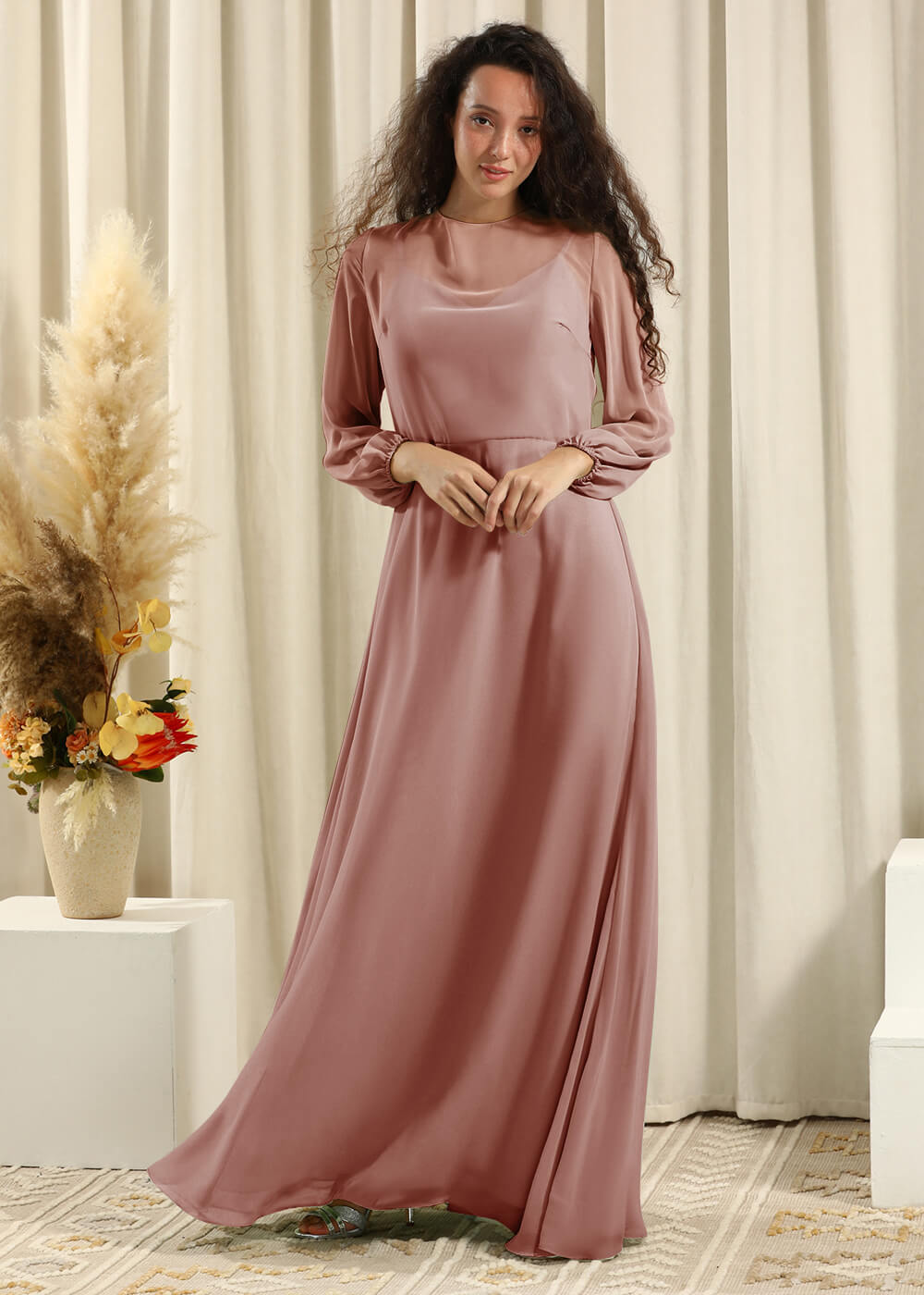 Long Sleeve A-line Chiffon Keyhole Back Bridesmaid Dress