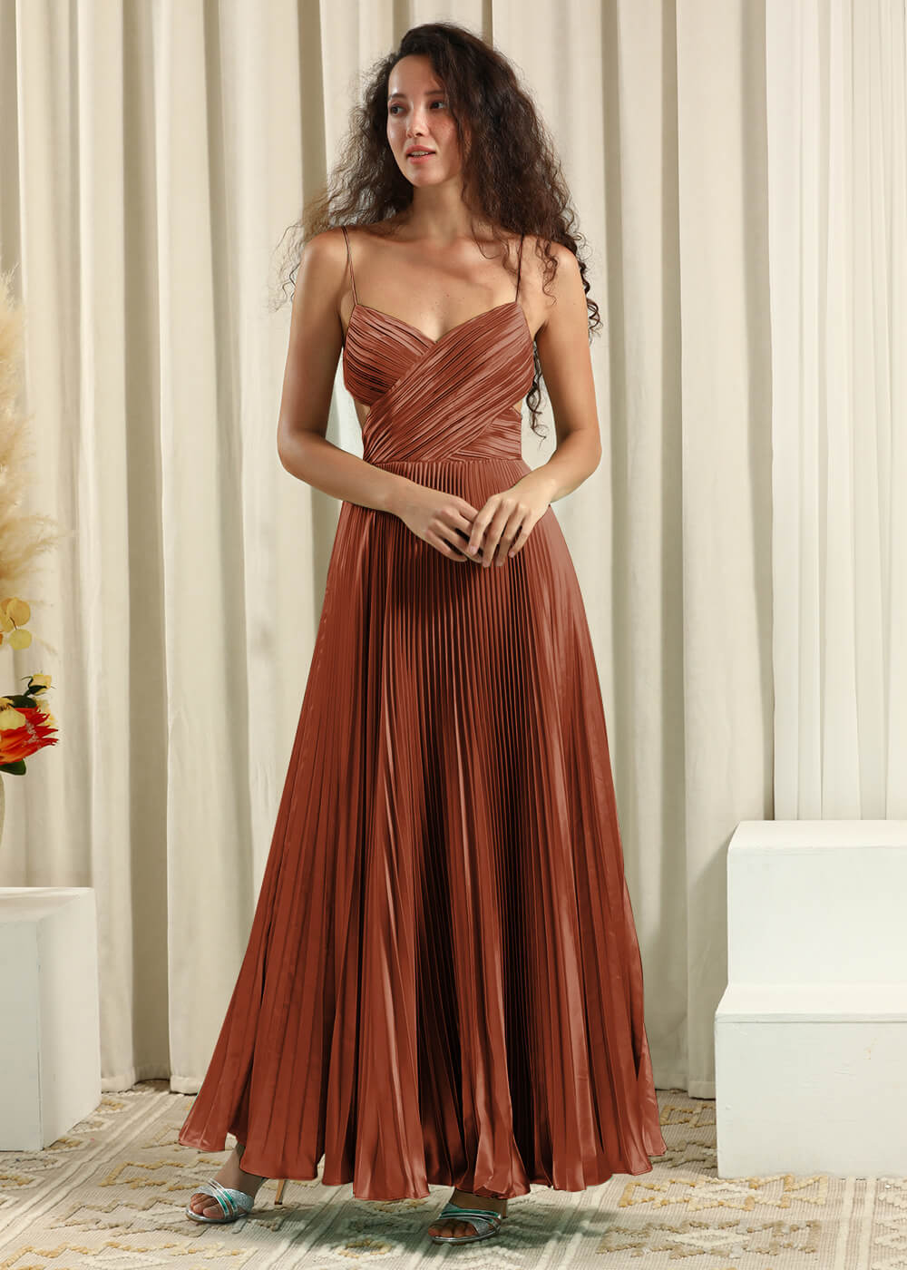 Pleated Satin V-neck Spaghetti Strap A-line Bridesmaid Dress