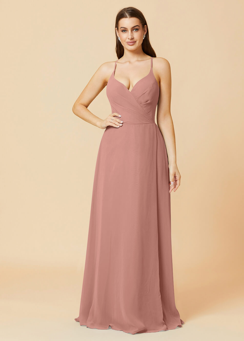 V-neck Spaghetti Strap Button Back Chiffon Bridesmaid Dress