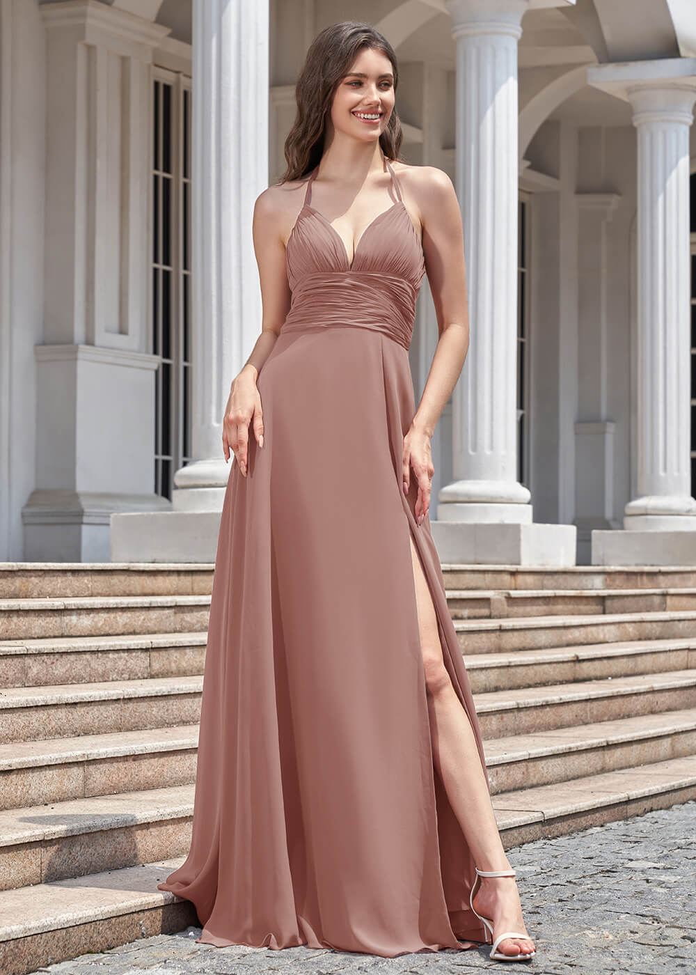 Deep V Halter Neck Pleated A-line Chiffon Long Bridesmaid Dress