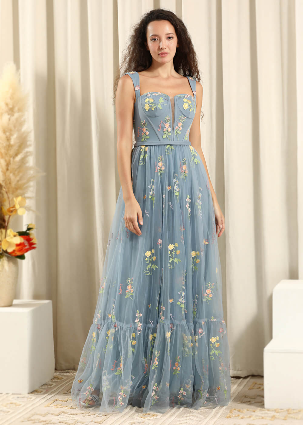 Dusty Blue Square Neck Sleeveless Floral Tulle A-line Long Bridesmaid