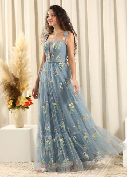 Dusty Blue Square Neck Sleeveless Floral Tulle A-line Long Bridesmaid Dress