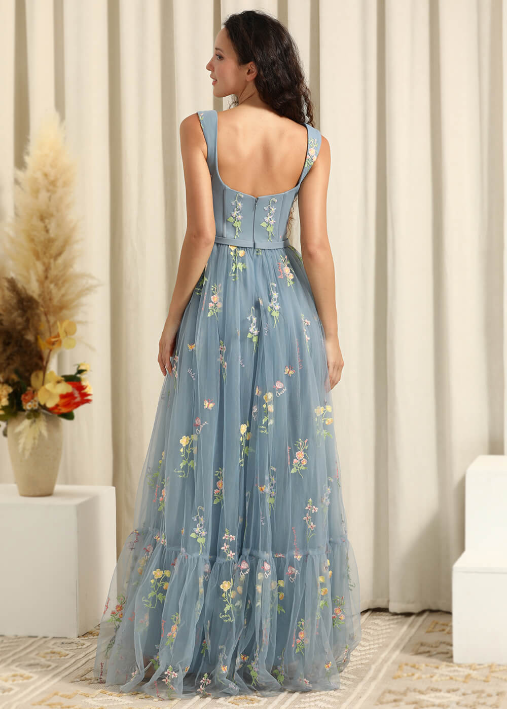 Dusty Blue Square Neck Sleeveless Floral Tulle A-line Long Bridesmaid Dress