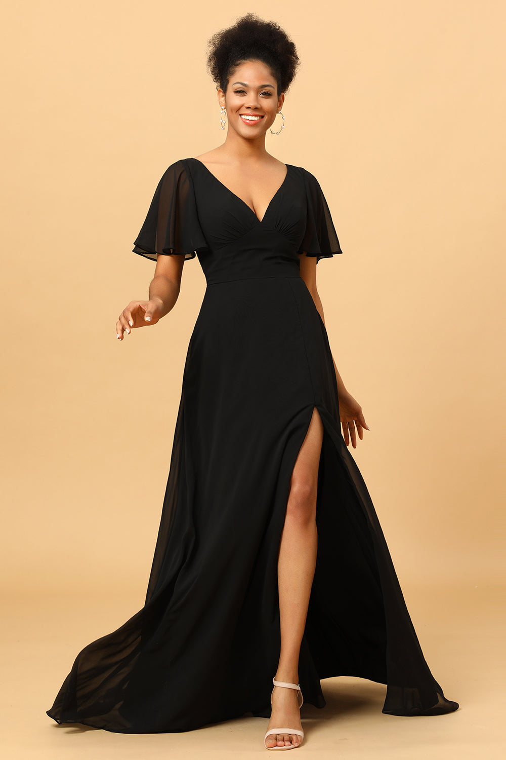 Leely Women Black Long Chiffon Bridesmaid Dress with Slit V-Neck Batwing Sleeves Wedding Guest Dress