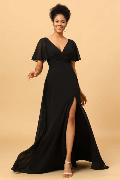 Leely Women Black Long Chiffon Bridesmaid Dress with Slit V-Neck Batwing Sleeves Wedding Guest Dress
