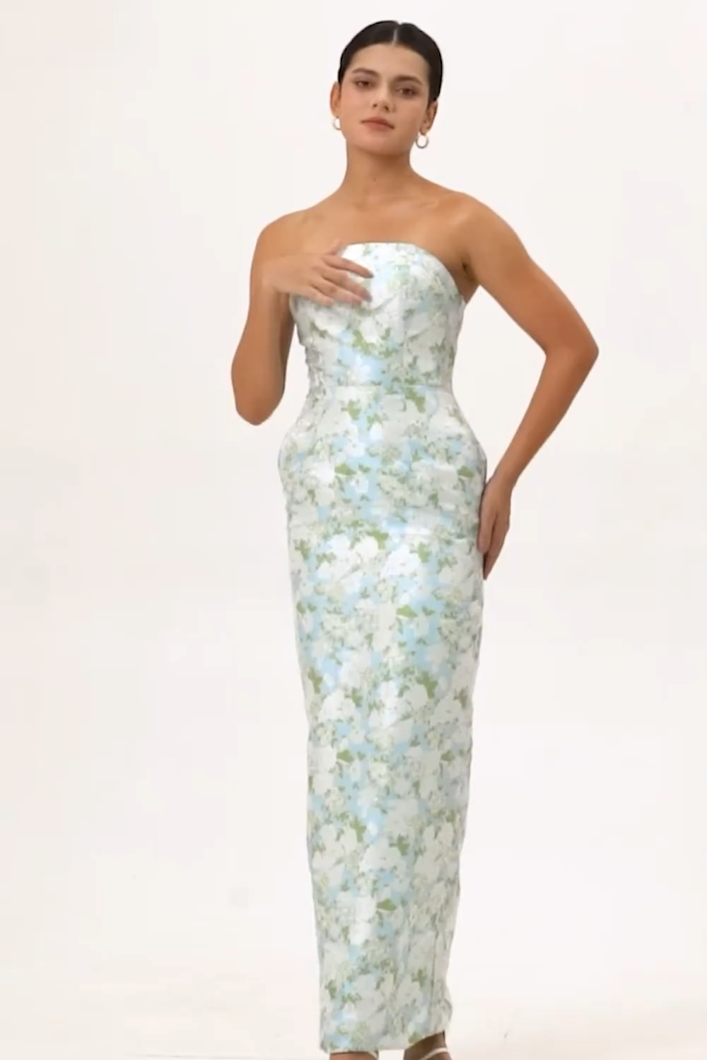 White and Blue Floral Strapless Sheath Satin Long Wedding Guest Dress