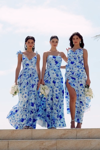 Blue A-Line Floral Printed Bridesmaid Dress with Criss Cross Back