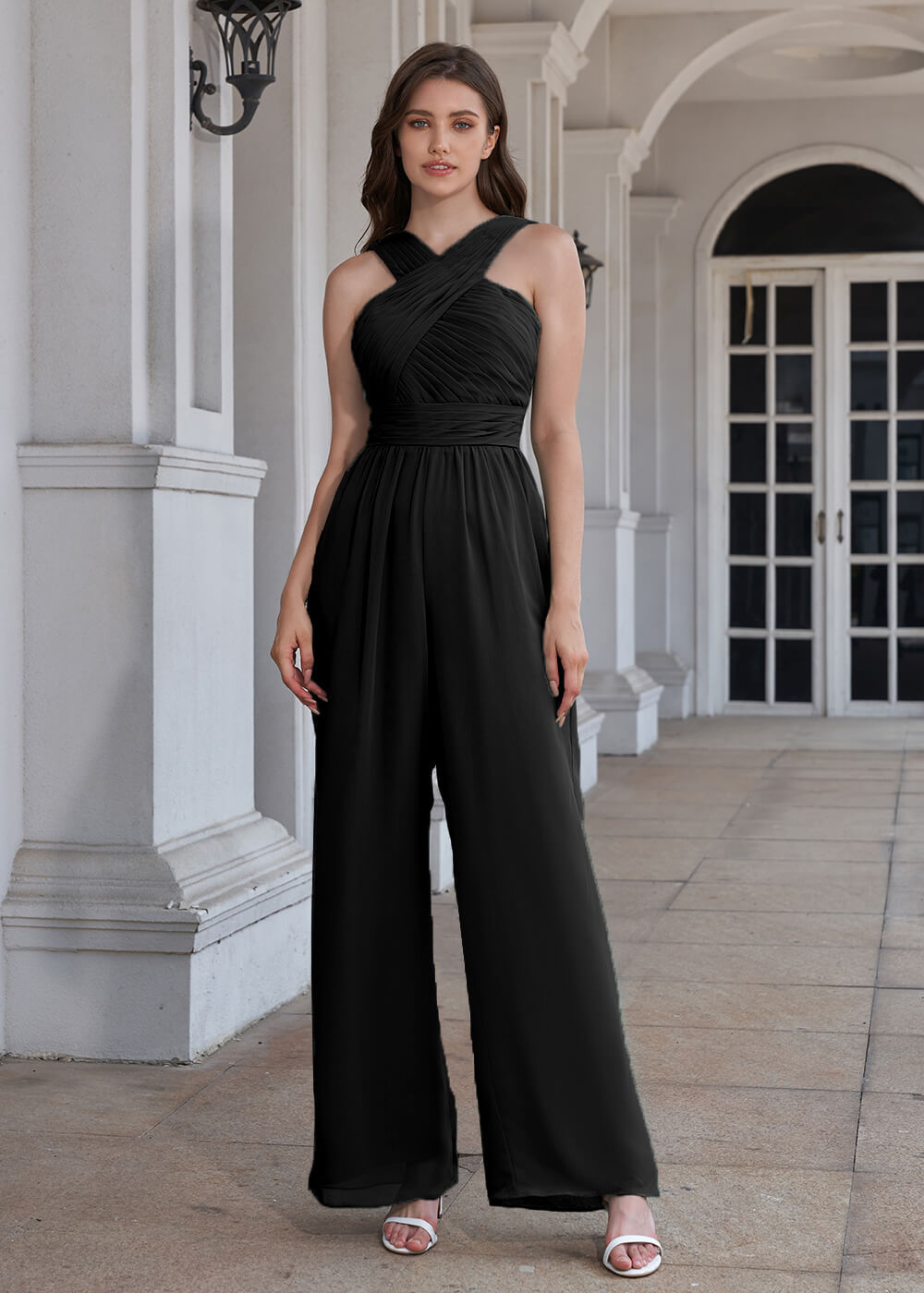Halter Neck Pleated Chiffon Long Bridesmaid Jumpsuit
