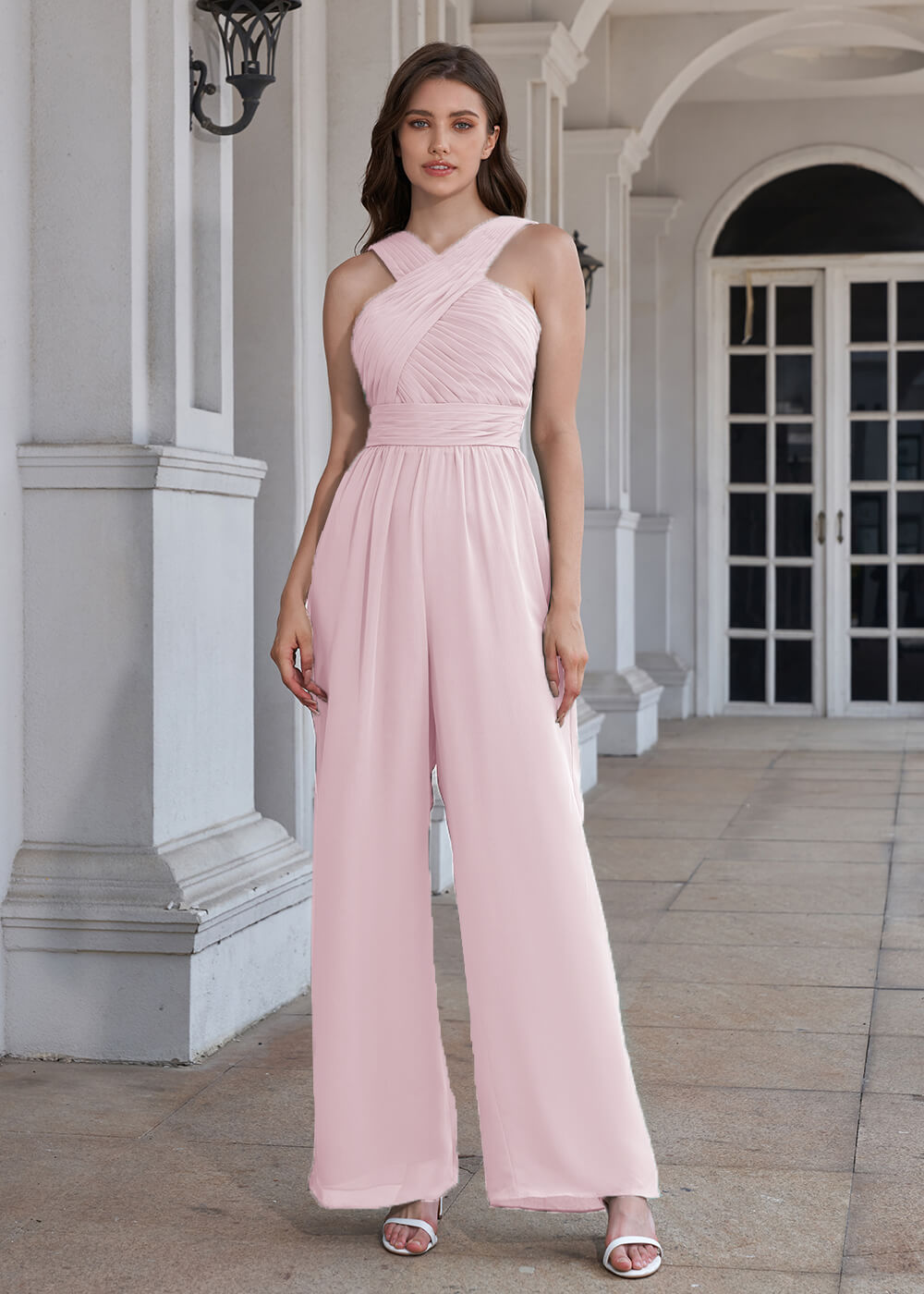 Halter Neck Pleated Chiffon Long Bridesmaid Jumpsuit