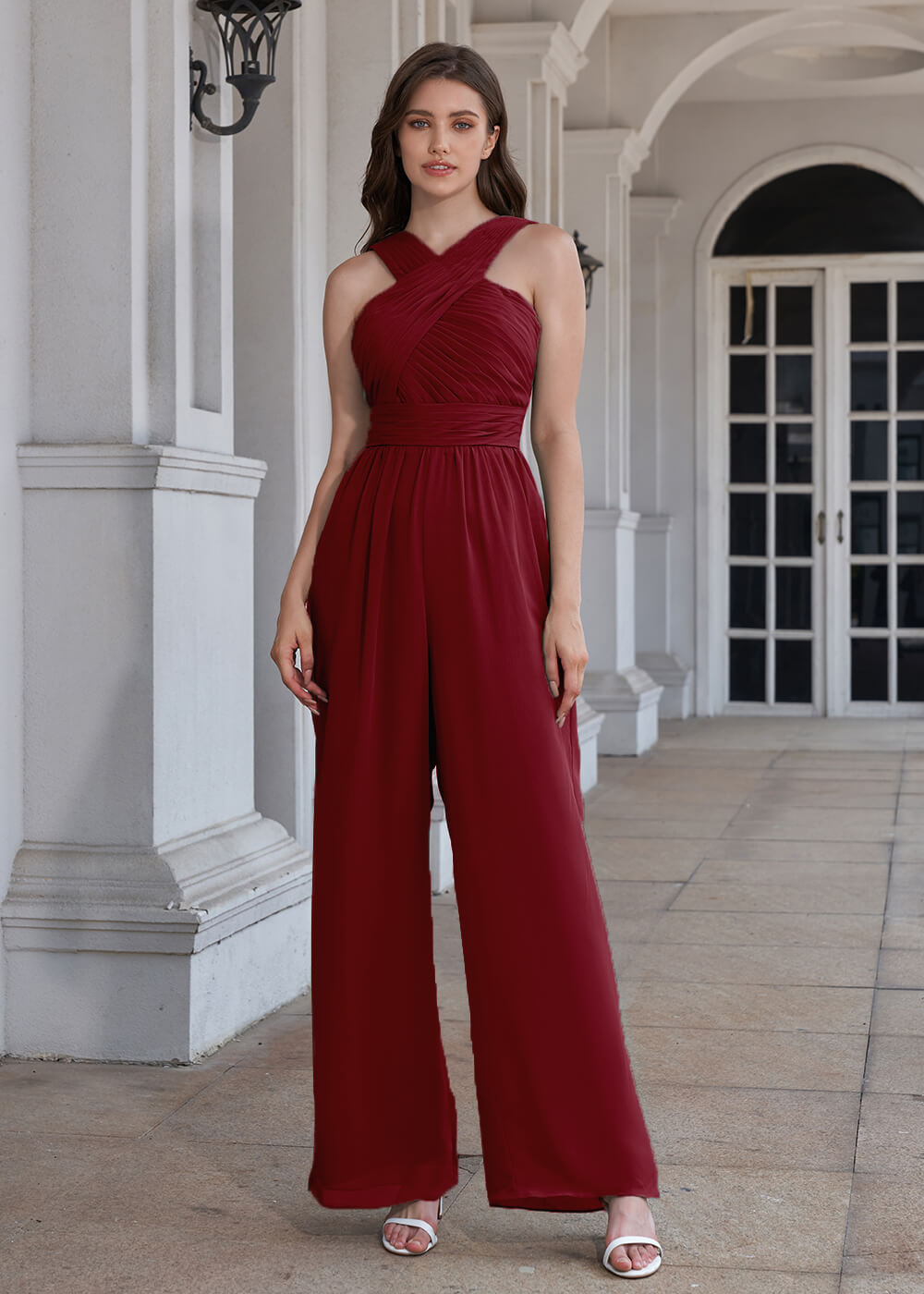 Halter Neck Pleated Chiffon Long Bridesmaid Jumpsuit