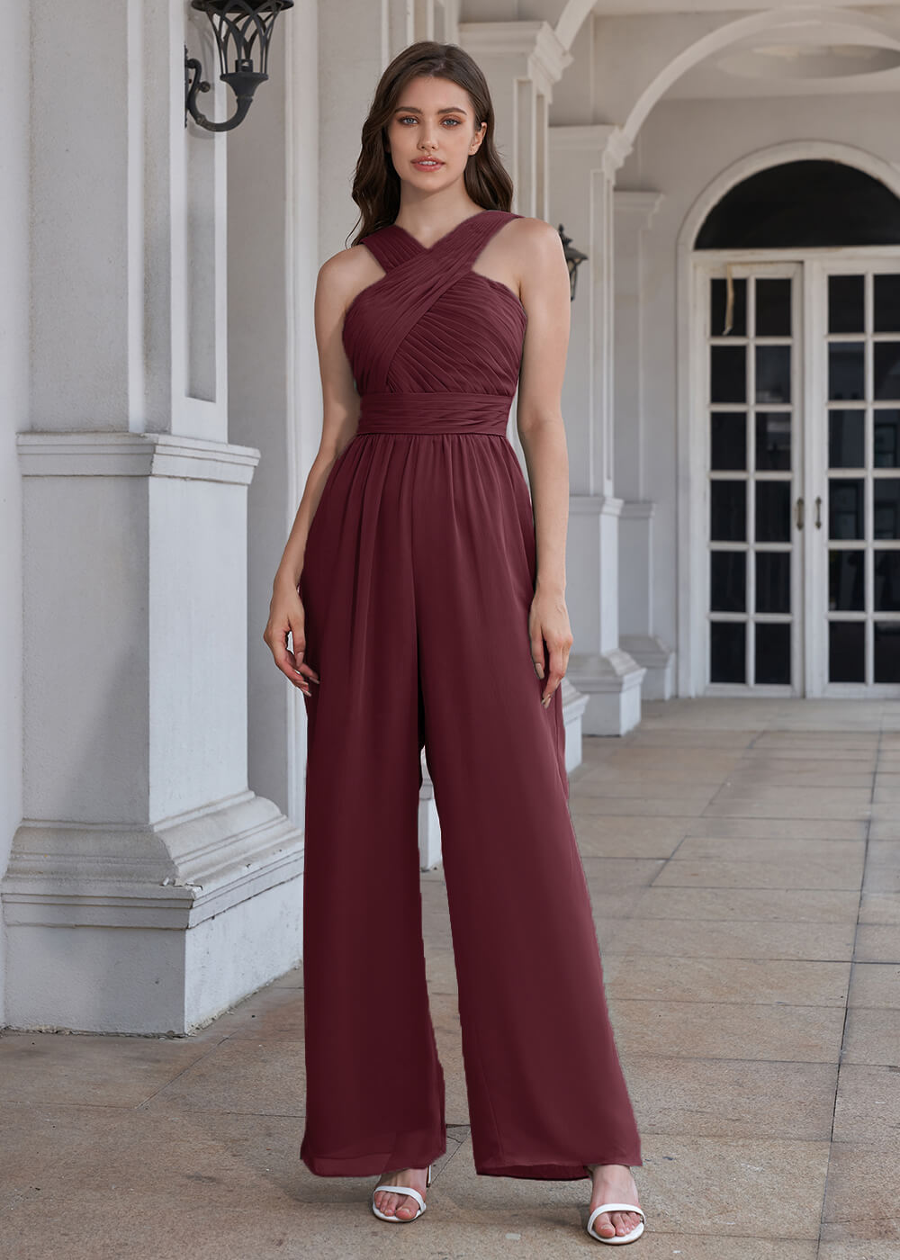 Halter Neck Pleated Chiffon Long Bridesmaid Jumpsuit