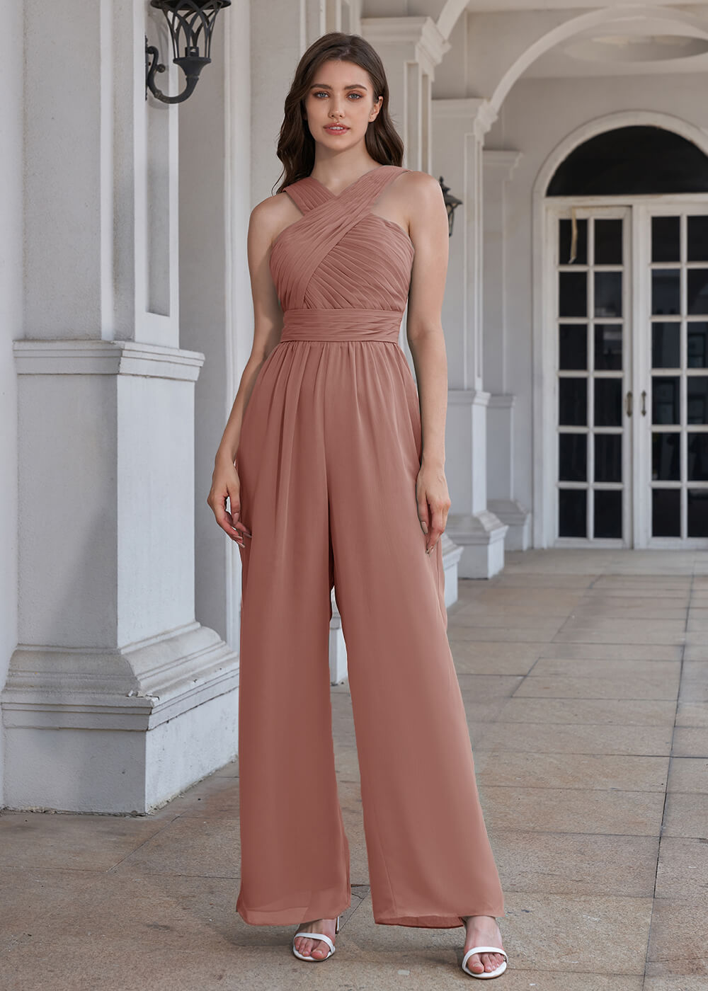 Halter Neck Pleated Chiffon Long Bridesmaid Jumpsuit