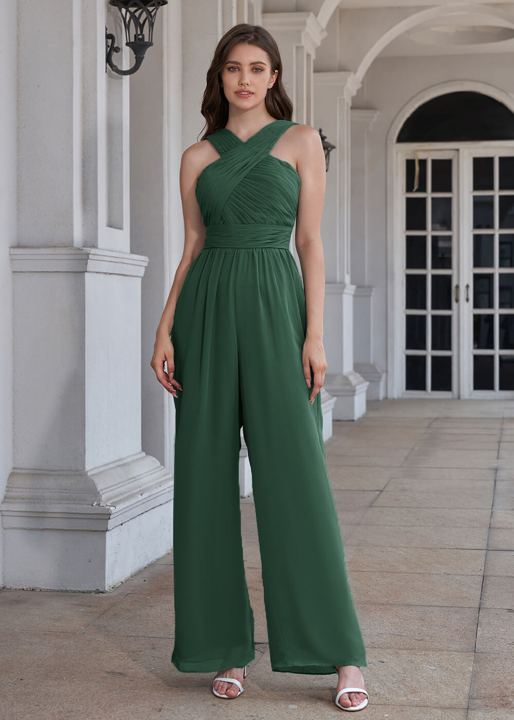 Halter Neck Pleated Chiffon Long Bridesmaid Jumpsuit