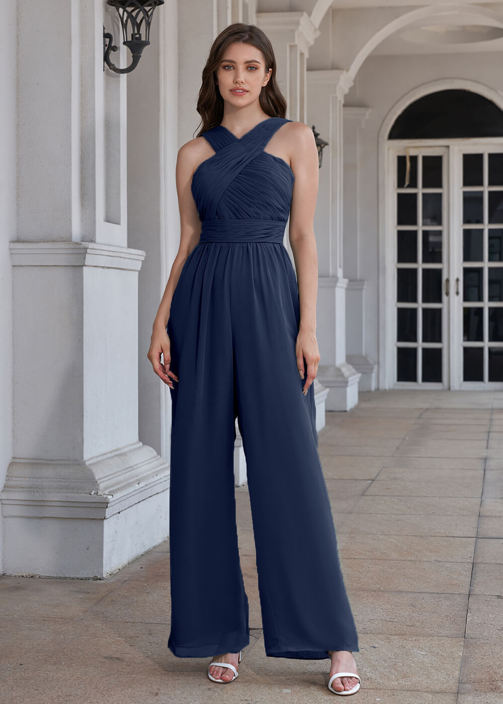 Halter Neck Pleated Chiffon Long Bridesmaid Jumpsuit