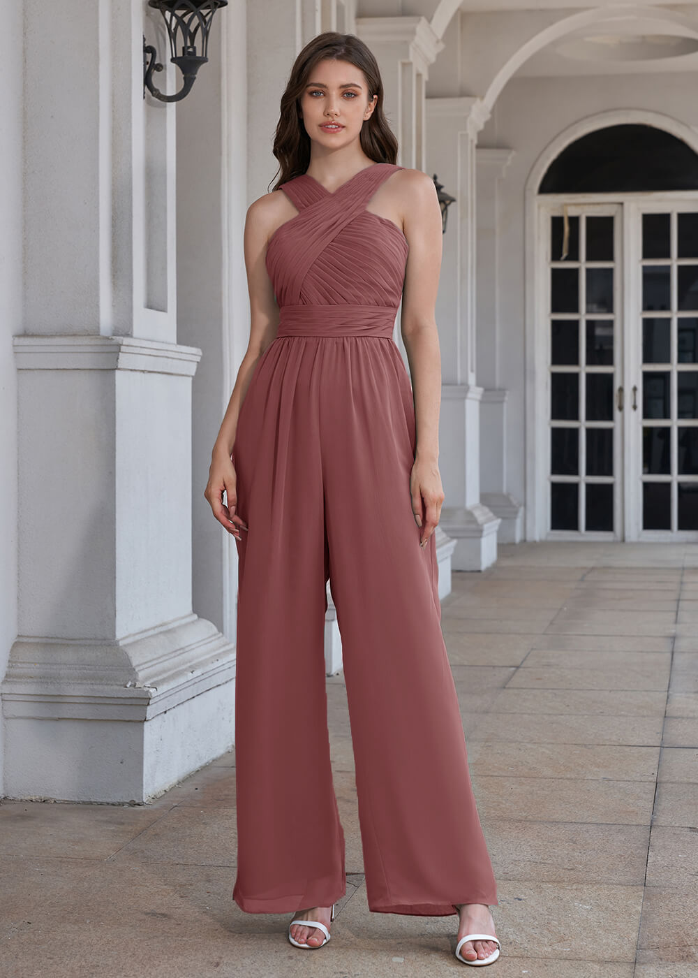 Halter Neck Pleated Chiffon Long Bridesmaid Jumpsuit