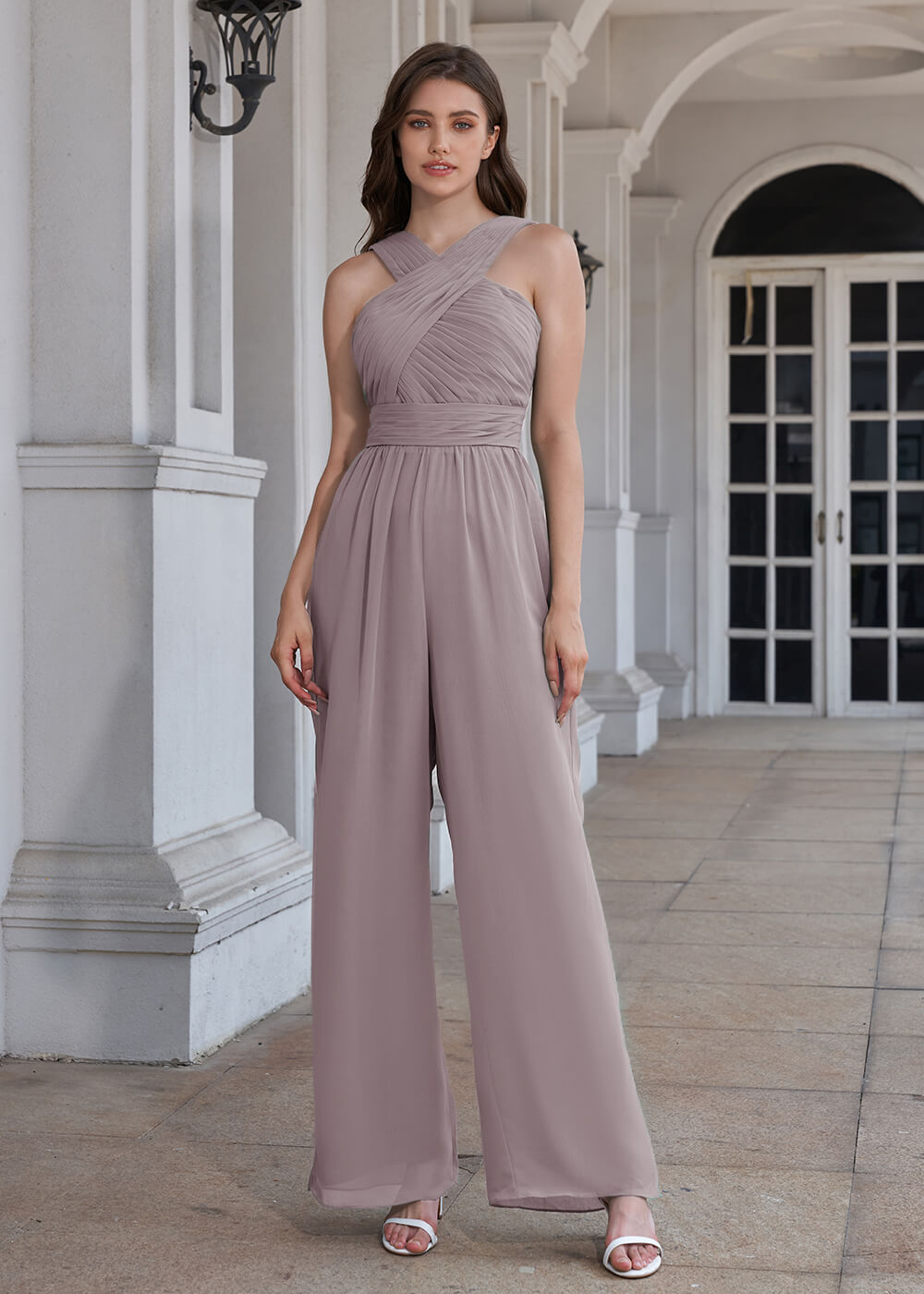Halter Neck Pleated Chiffon Long Bridesmaid Jumpsuit