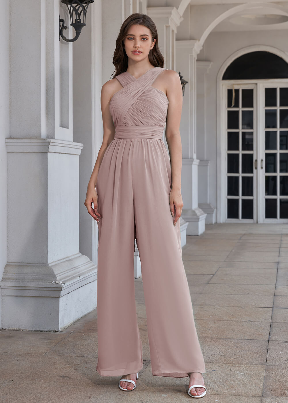 Halter Neck Pleated Chiffon Long Bridesmaid Jumpsuit
