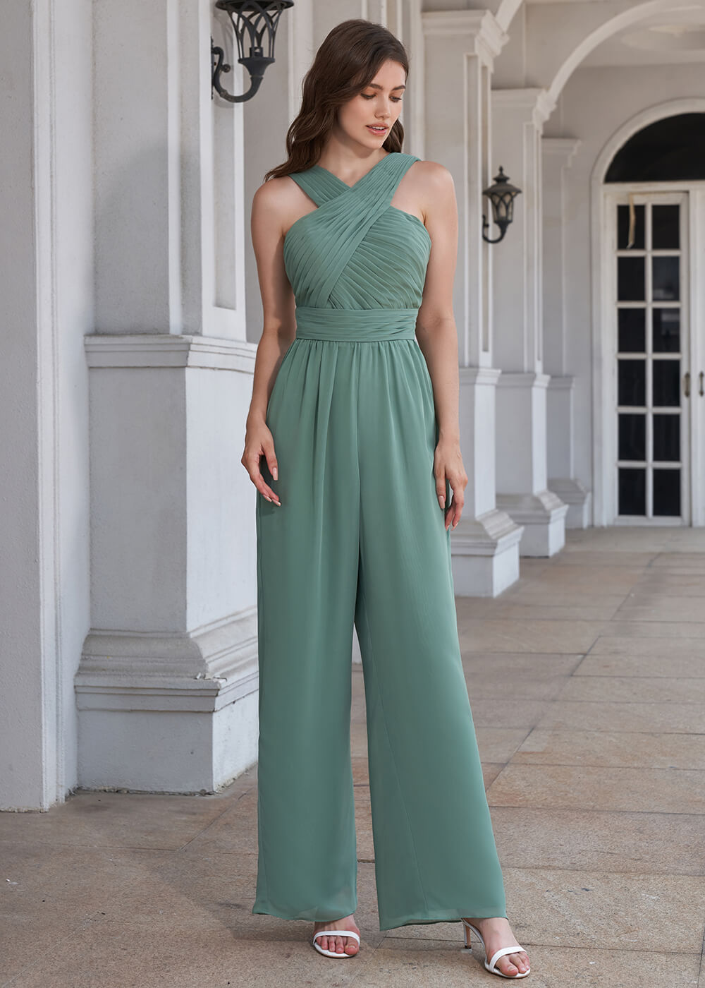 Halter Neck Pleated Chiffon Long Bridesmaid Jumpsuit