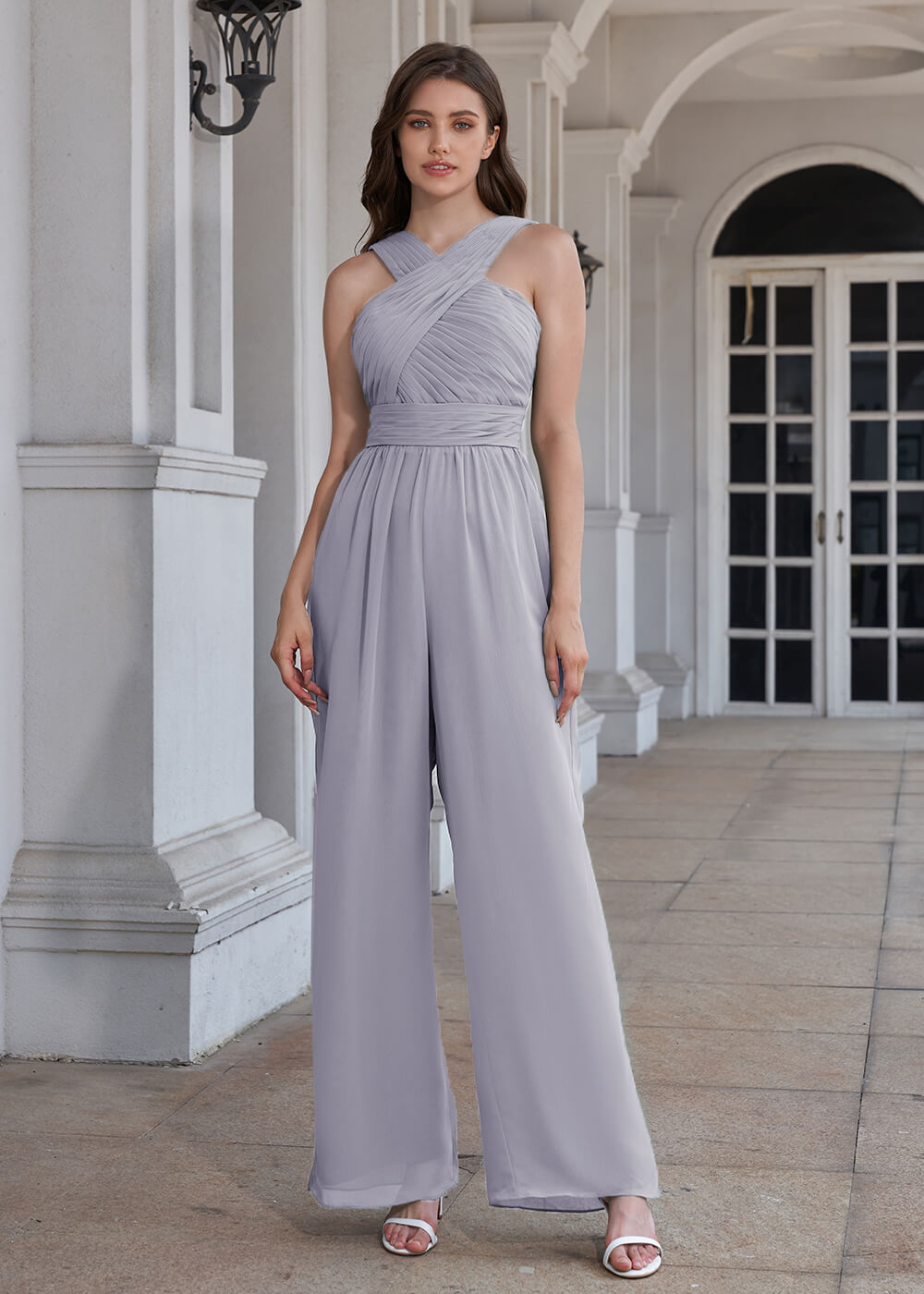 Halter Neck Pleated Chiffon Long Bridesmaid Jumpsuit