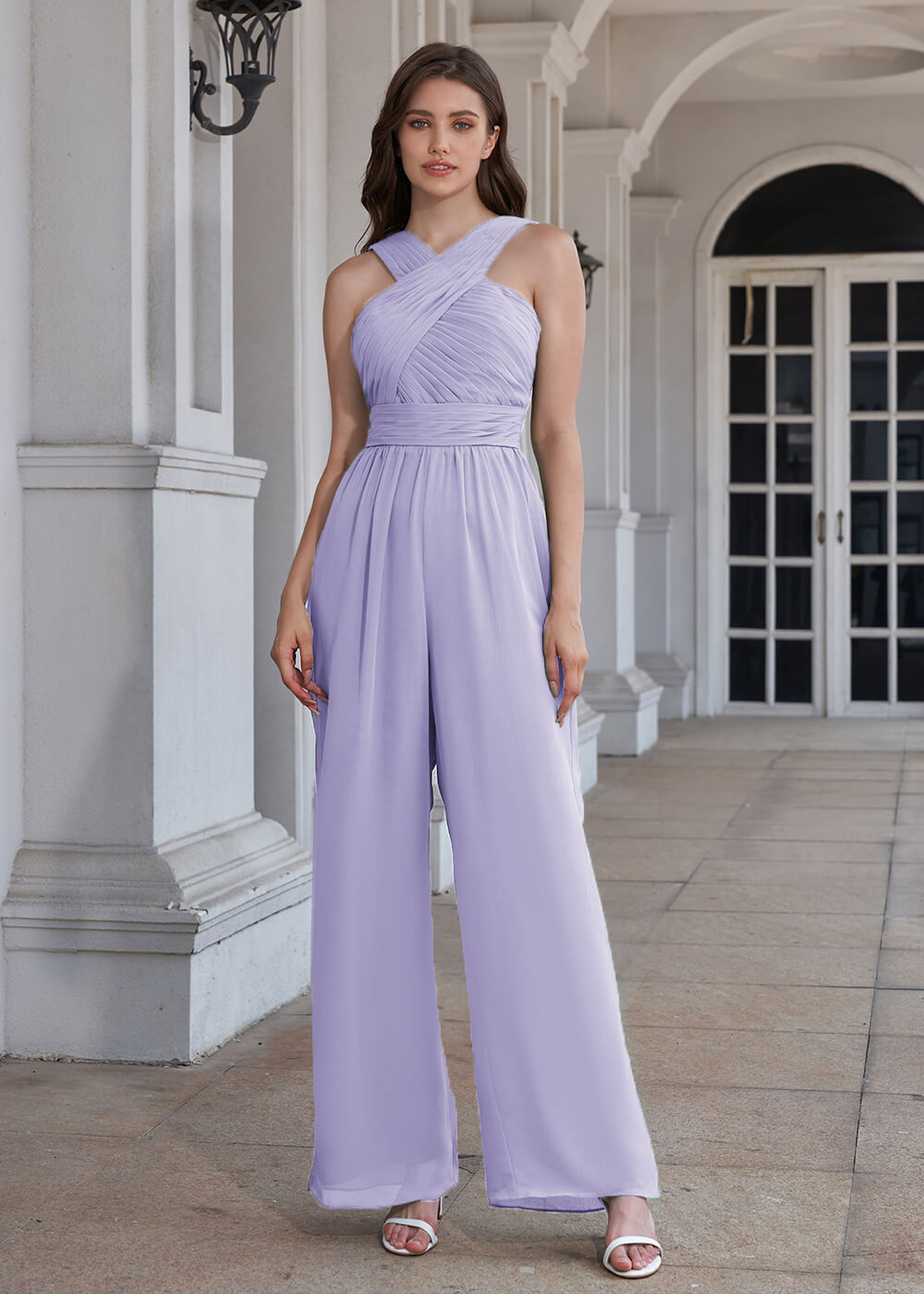 Halter Neck Pleated Chiffon Long Bridesmaid Jumpsuit