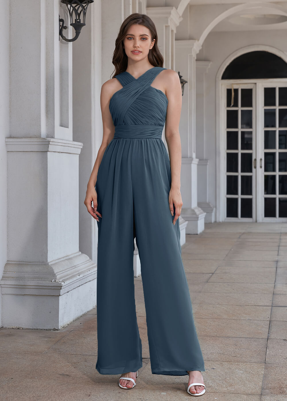 Halter Neck Pleated Chiffon Long Bridesmaid Jumpsuit
