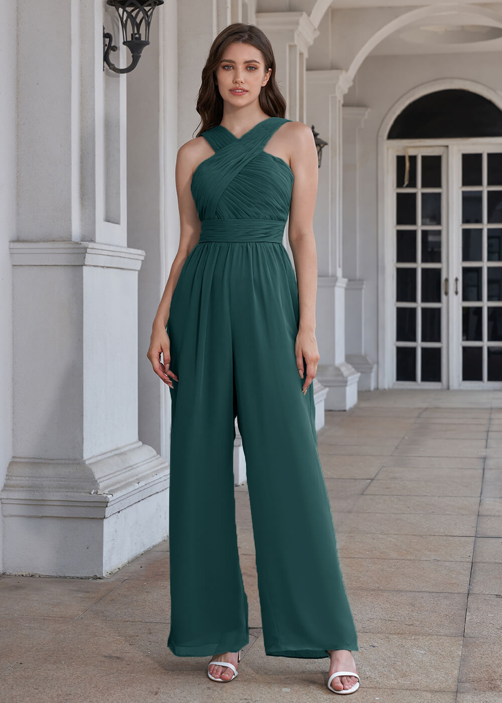 Halter Neck Pleated Chiffon Long Bridesmaid Jumpsuit